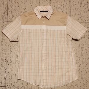 Sean John Tan & White Flannel Button Down Short Sleeve Dress Shirt Vintage Y2K
